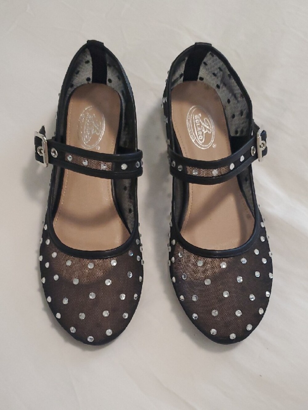 Bolaro Women's Black Polka Dot Mary Jane Flats with Rhinestones - Picture 2 of 3